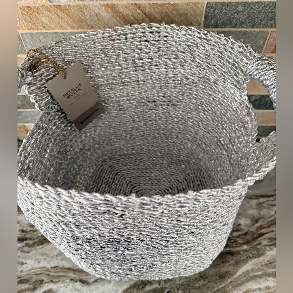 West Elm Silver Metallic Woven Storage Basket With Modern Design~NEW with Tags
